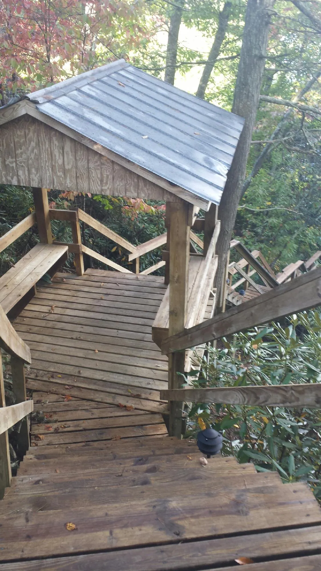 Metal roofed shelter over wooden steps on a wooded walkway — Skylight Repair & Installation work by our crew in Wooster